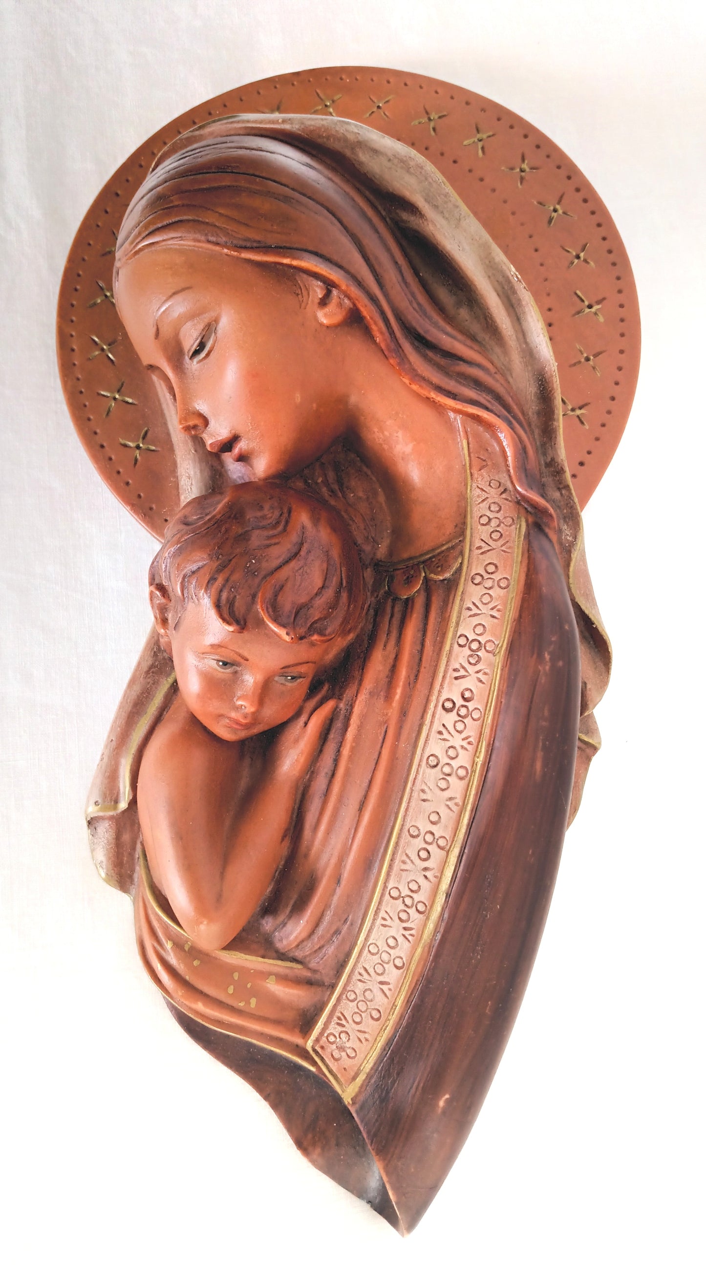 Vintage Gilded Ceramic Stoneware Madonna with Child Jesus Wall Hanging Figurine Religious Statuette Relief Wall Plaque-Made in Italy