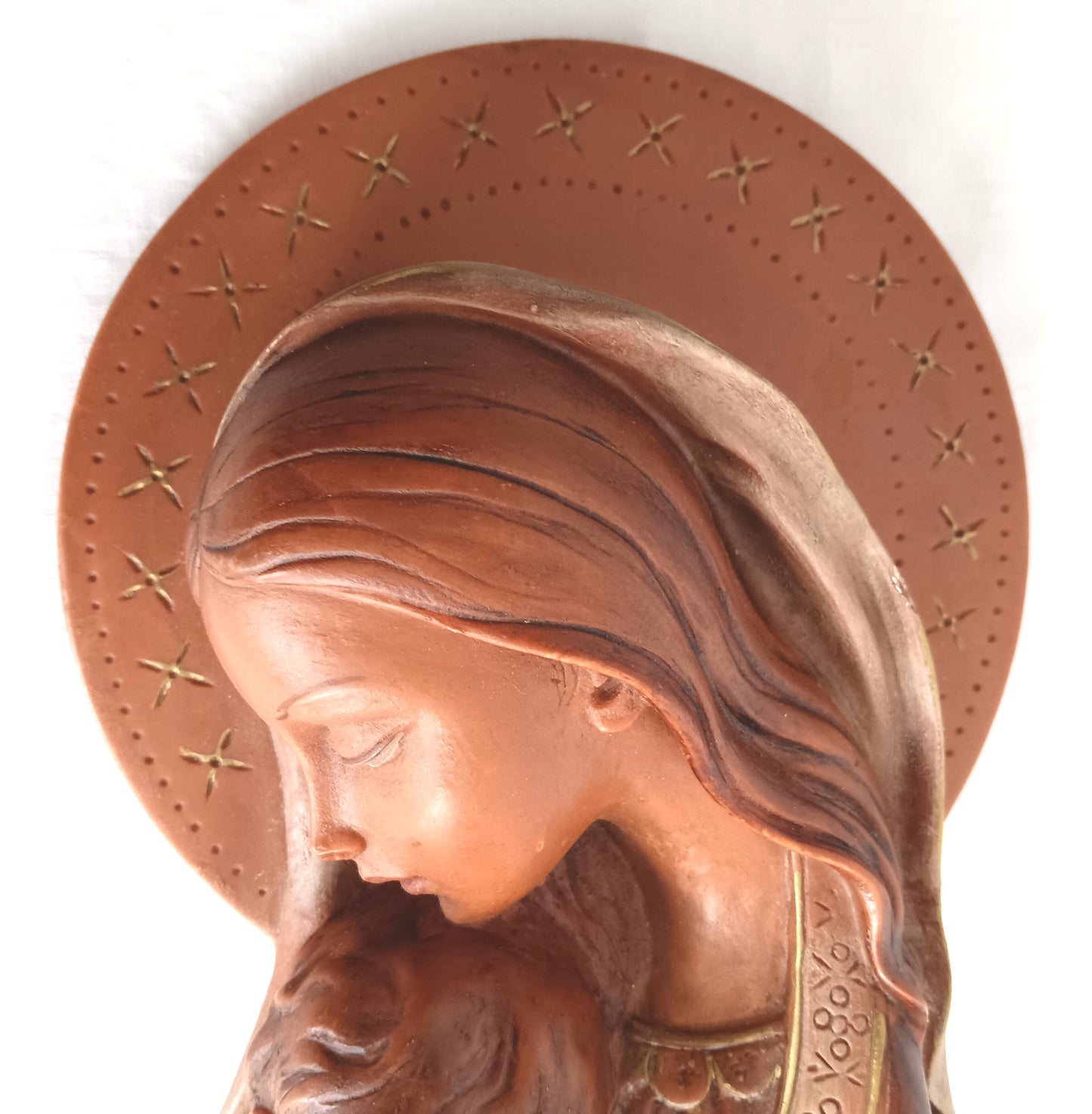 Vintage Gilded Ceramic Stoneware Madonna with Child Jesus Wall Hanging Figurine Religious Statuette Relief Wall Plaque-Made in Italy