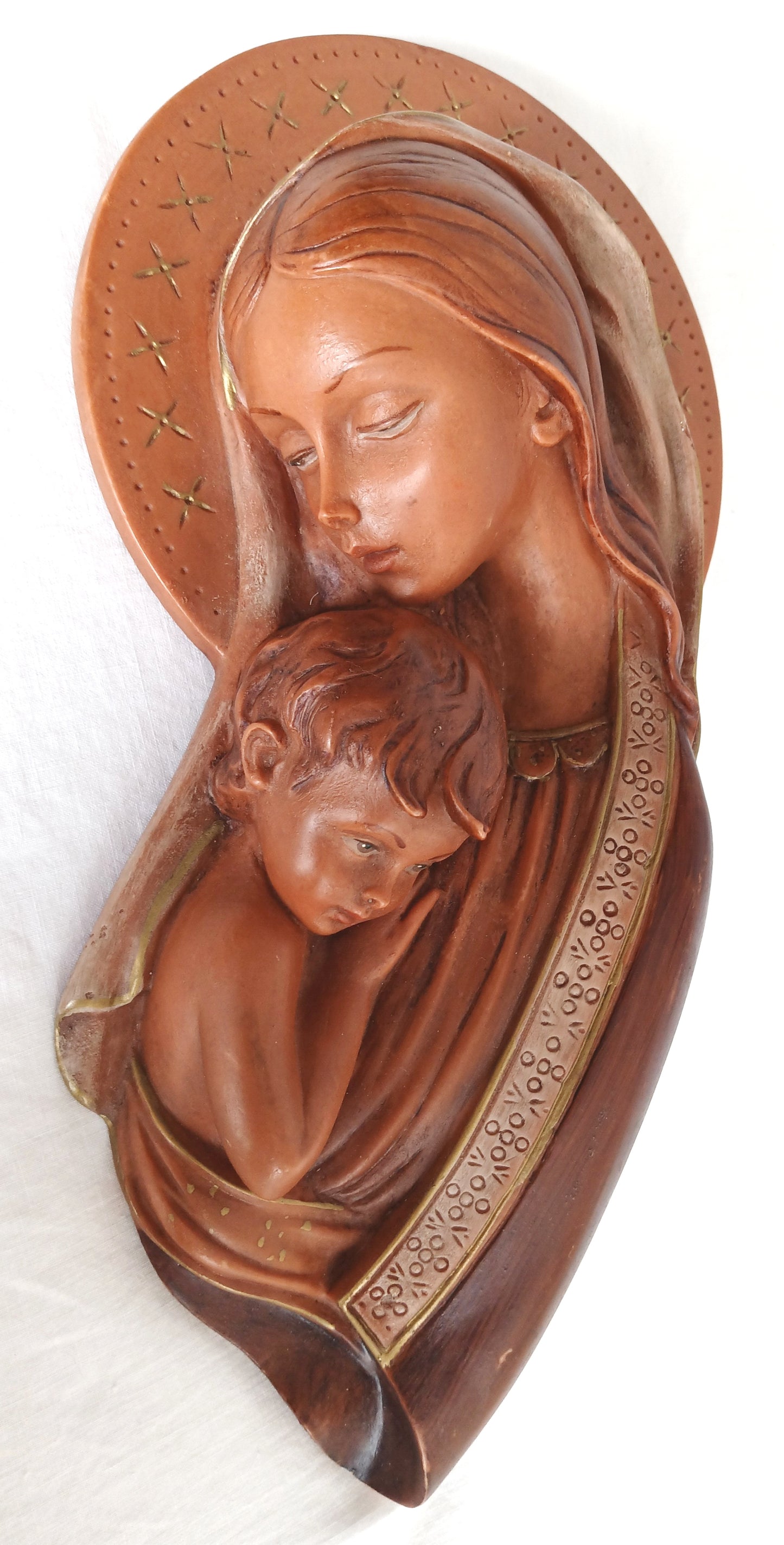 Vintage Gilded Ceramic Stoneware Madonna with Child Jesus Wall Hanging Figurine Religious Statuette Relief Wall Plaque-Made in Italy