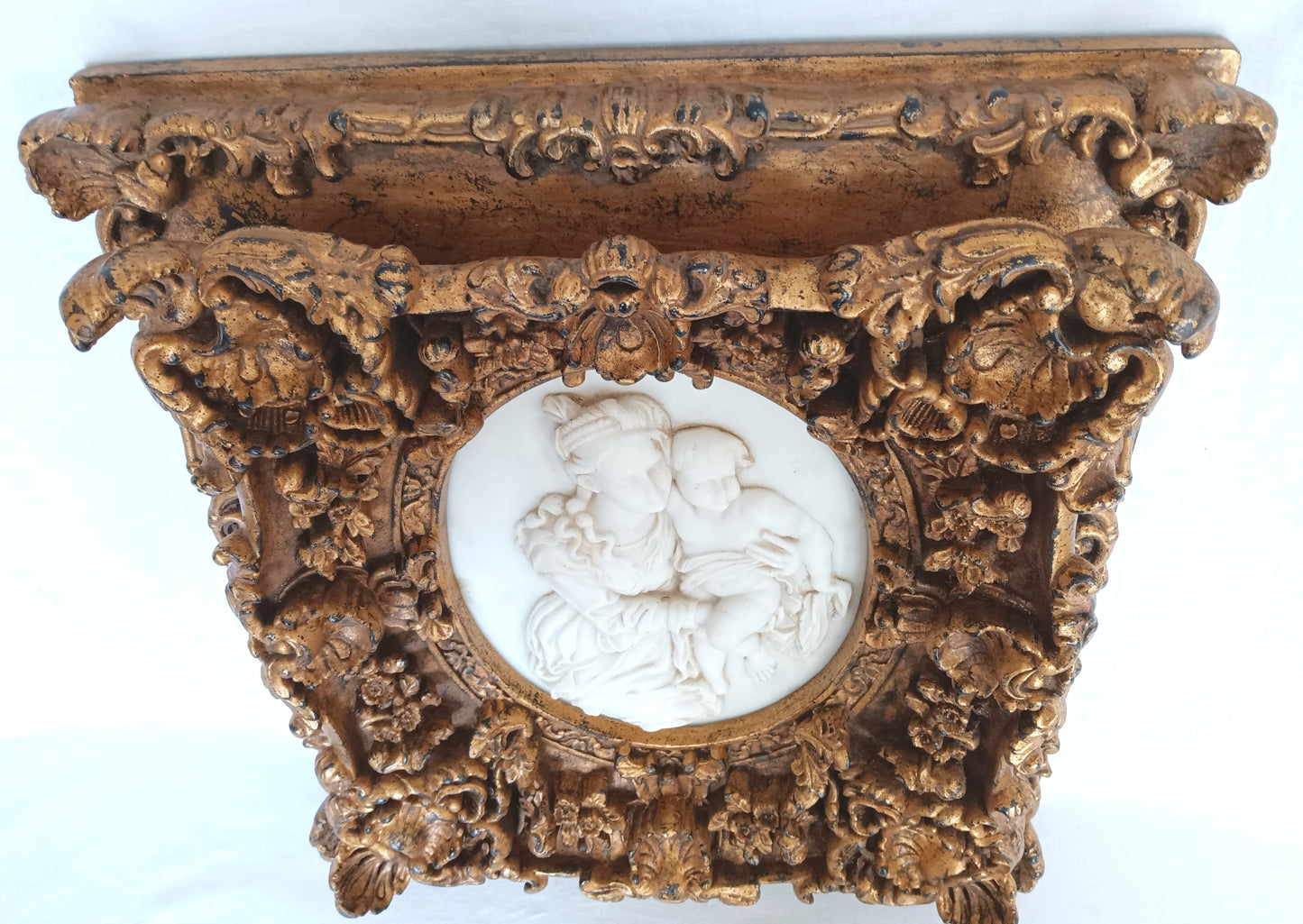 Vintage Neoclassical Reproduction Oval Marble Sculpture Madonna and Child Framed in Gilded Carved Wood Ornate Frame Wall Art