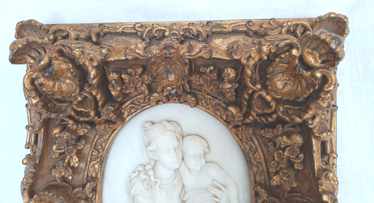 Vintage Neoclassical Reproduction Oval Marble Sculpture Madonna and Child Framed in Gilded Carved Wood Ornate Frame Wall Art