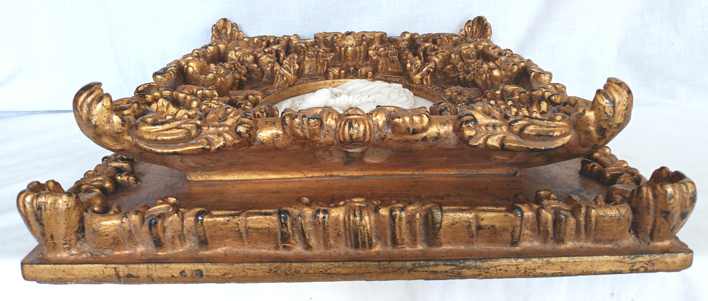 Vintage Neoclassical Reproduction Oval Marble Sculpture Madonna and Child Framed in Gilded Carved Wood Ornate Frame Wall Art