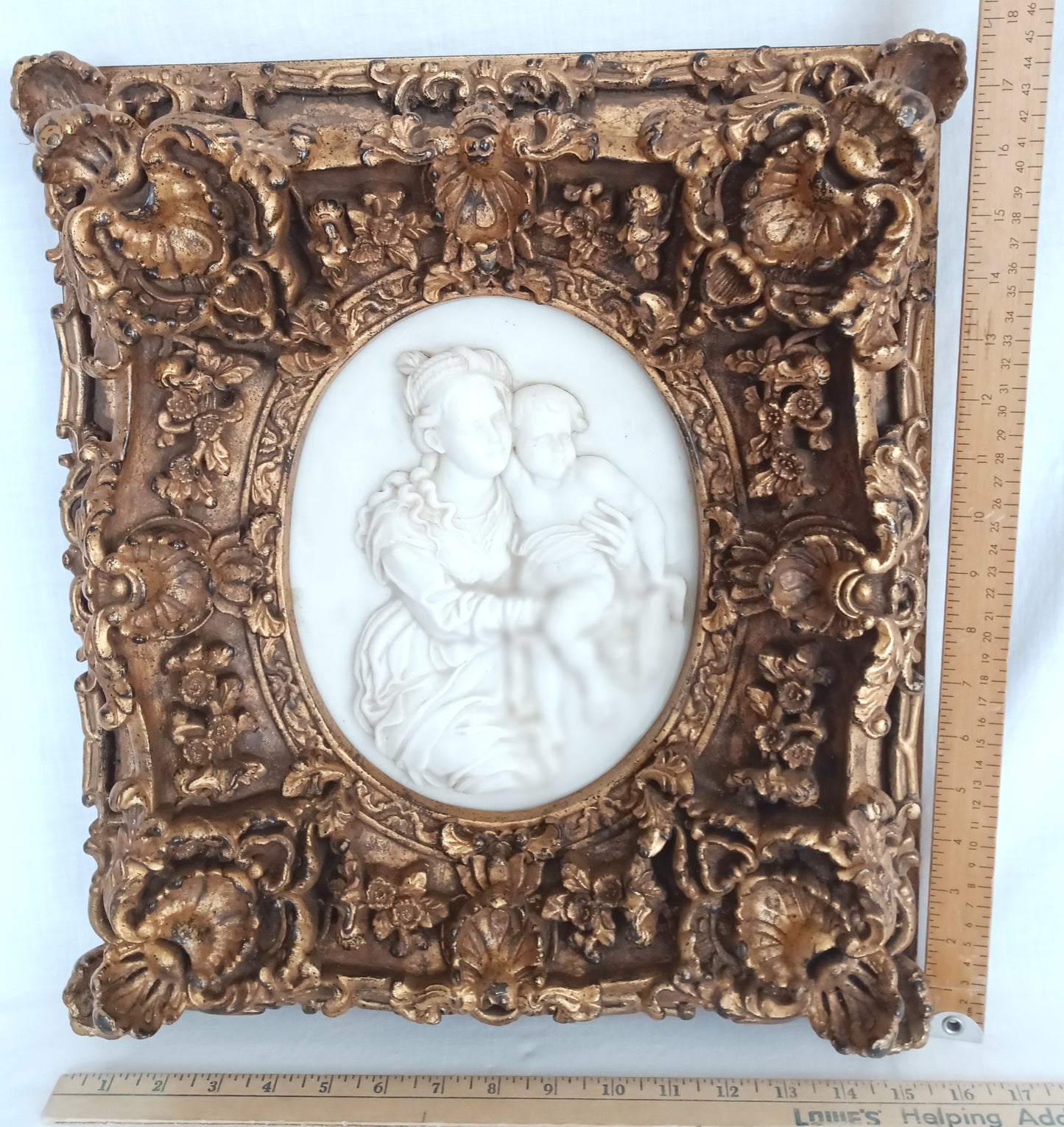 Vintage Neoclassical Reproduction Oval Marble Sculpture Madonna and Child Framed in Gilded Carved Wood Ornate Frame Wall Art
