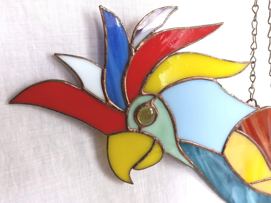 Vintage Tiffany Style Stained Glass Large Colorful Parrot Window Sun Catcher w/ Chain Wall Hanging Ornament Bird Pendant Art Glass