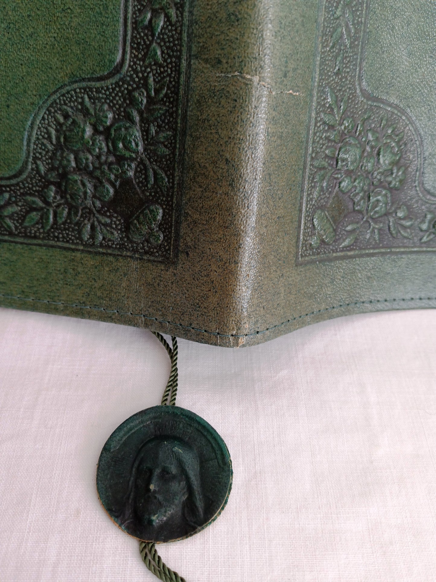 Vintage Rare Hand Tooled Embossed Leather Book Bible Cover Dark Green Portrait of Jesus Mary and Joseph- Made in Italy
