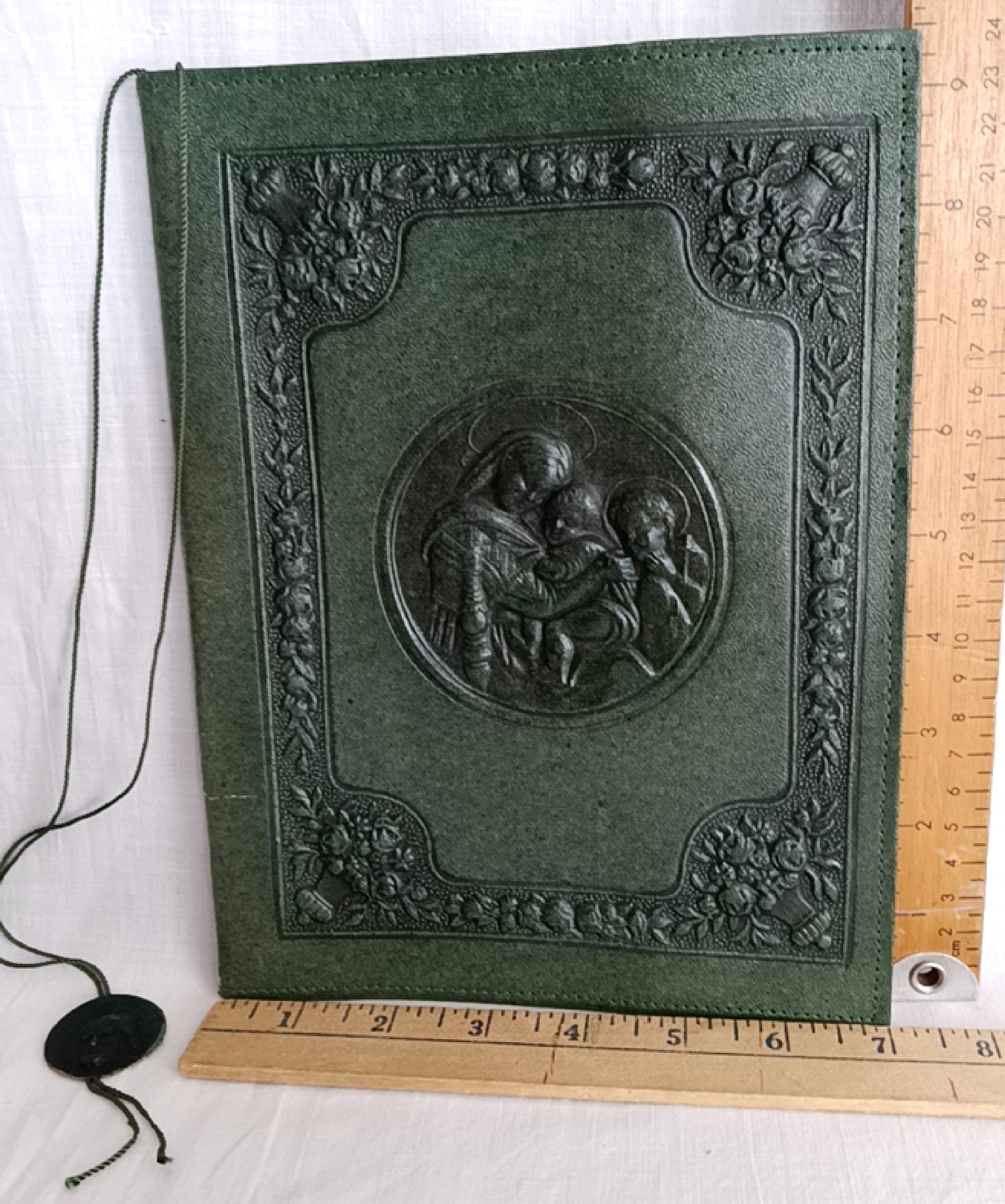 Vintage Rare Hand Tooled Embossed Leather Book Bible Cover Dark Green Portrait of Jesus Mary and Joseph- Made in Italy
