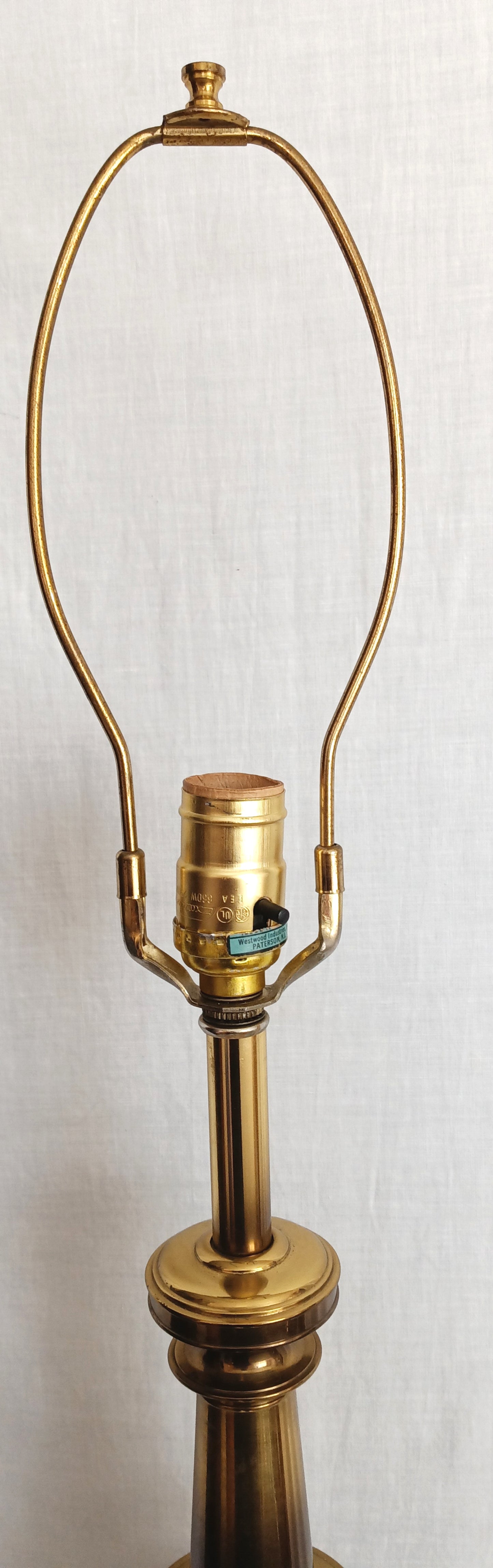Vintage Mid Century Modern Westwood Ind. Brass Tall Heavy Table Lamp Harp and Finial Hollywood Regency Style