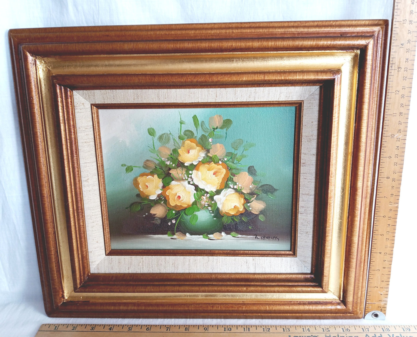 Vintage Oil Painting on Canvas Flowers Bouquet in a Vase Floral Design Double Matted Frames Gold Accent Wall Art Signed R. Thomas