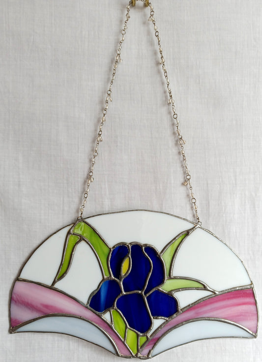 Vintage Arts & Crafts Stained Glass Iris Flower Suncatcher w/ Beaded Metal Chain Hanging Window Ornament Wall Art Home Decor
