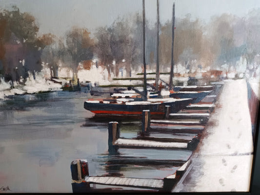 Vintage Nautical Art Painting Horizontal Acrylic Paint on Canvas “Footprints in the Snow” Pier Boats Beach Coastal Décor Signed J. Smith