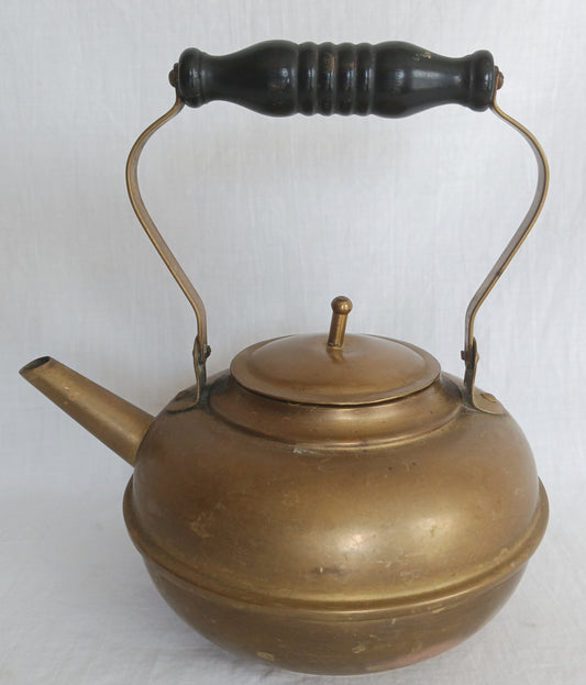 Antique S&C Trademark Brass Small Teapot with Wooden Spindle Handle Lidded Straight Spout Tea Kettle Pot Kitchen Country Decor