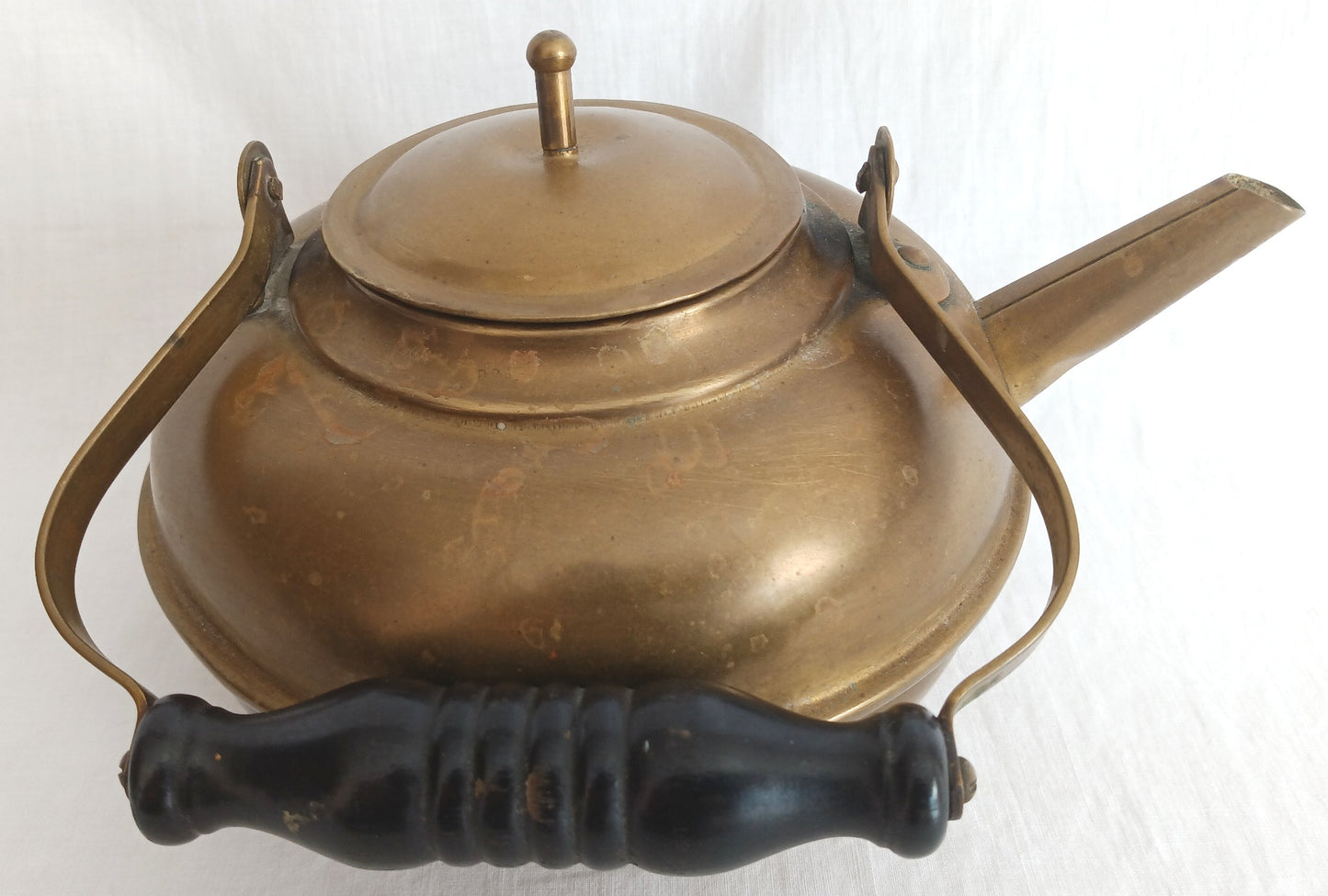 Antique S&C Trademark Brass Small Teapot with Wooden Spindle Handle Lidded Straight Spout Tea Kettle Pot Kitchen Country Decor