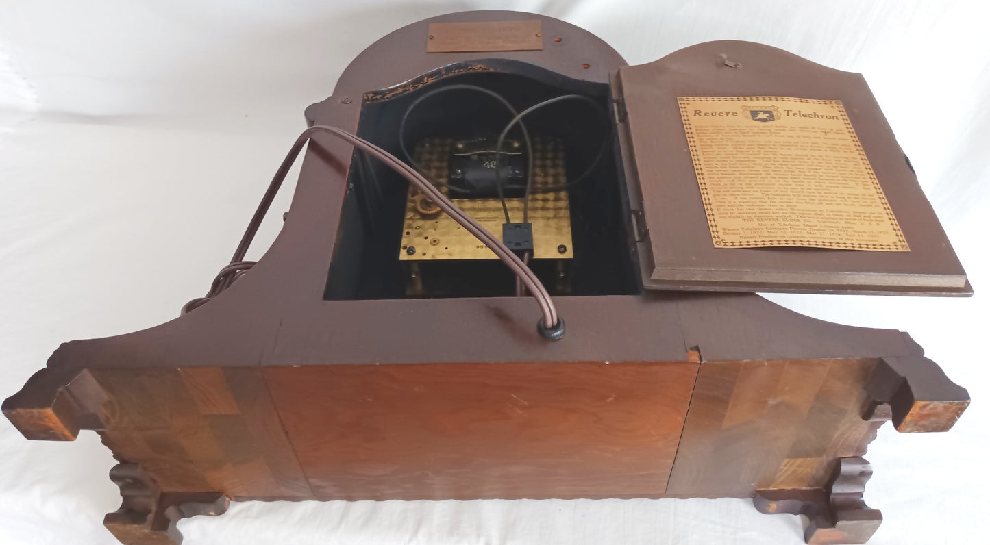 Antique Warren Telechron REVERE Model Electric Motored Mantel Clock Ornate Mahogany Case Finial- Clock RUNS - But does not chime