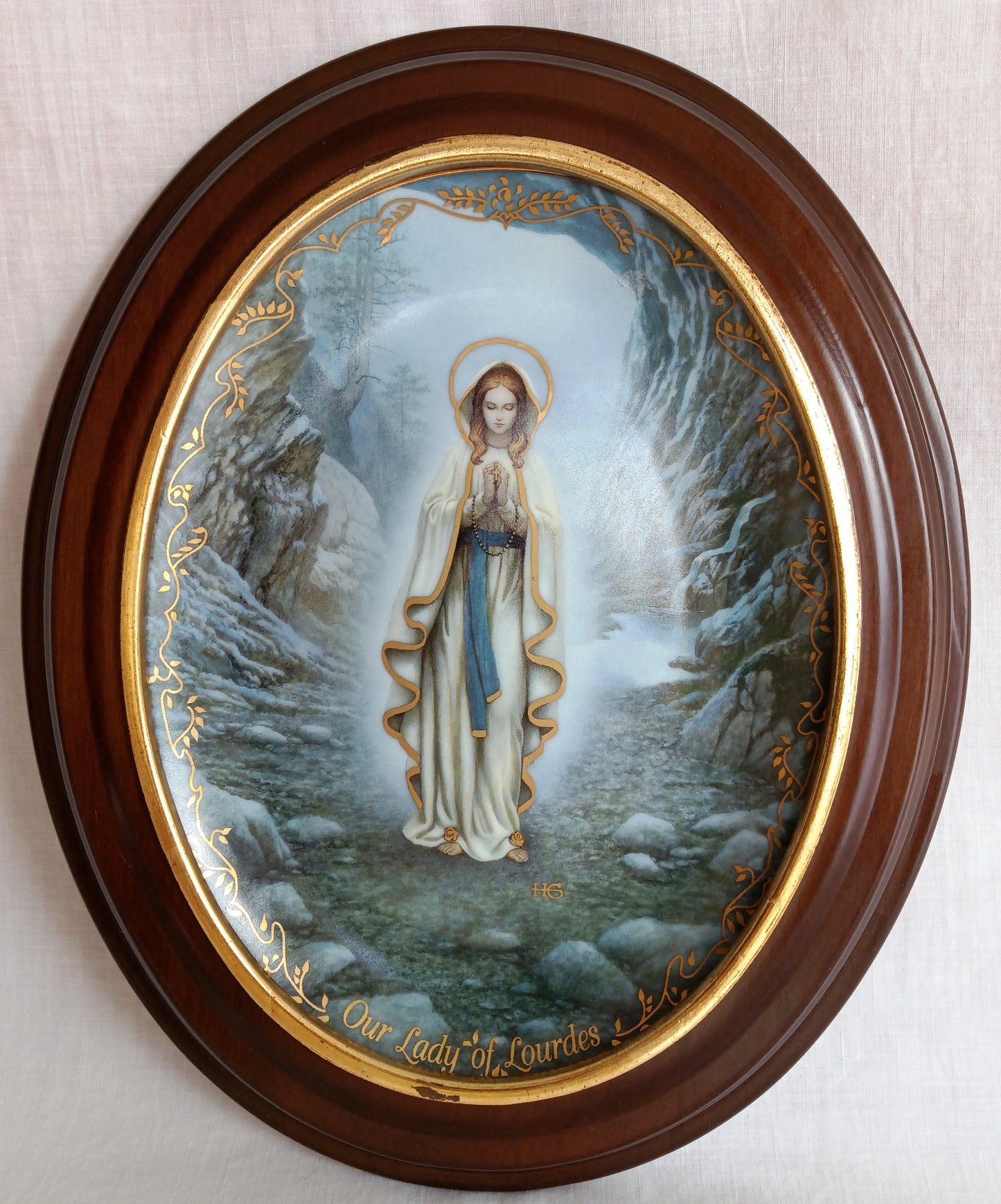 Vintage Porcelain Gilt Wooden Plaque "Our Lady of Lourdes" by Hector Garrido Religious Bradex Exchange Limited Edition Collectible Plate # 1394H