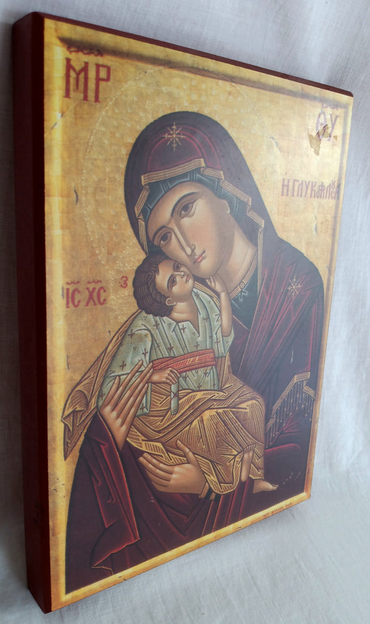 Vintage Holy Virgin Mary Sweet Kiss "Glykophilousa" with Jesus Icon Art Plaque Greek Orthodox Christian Church Home Décor