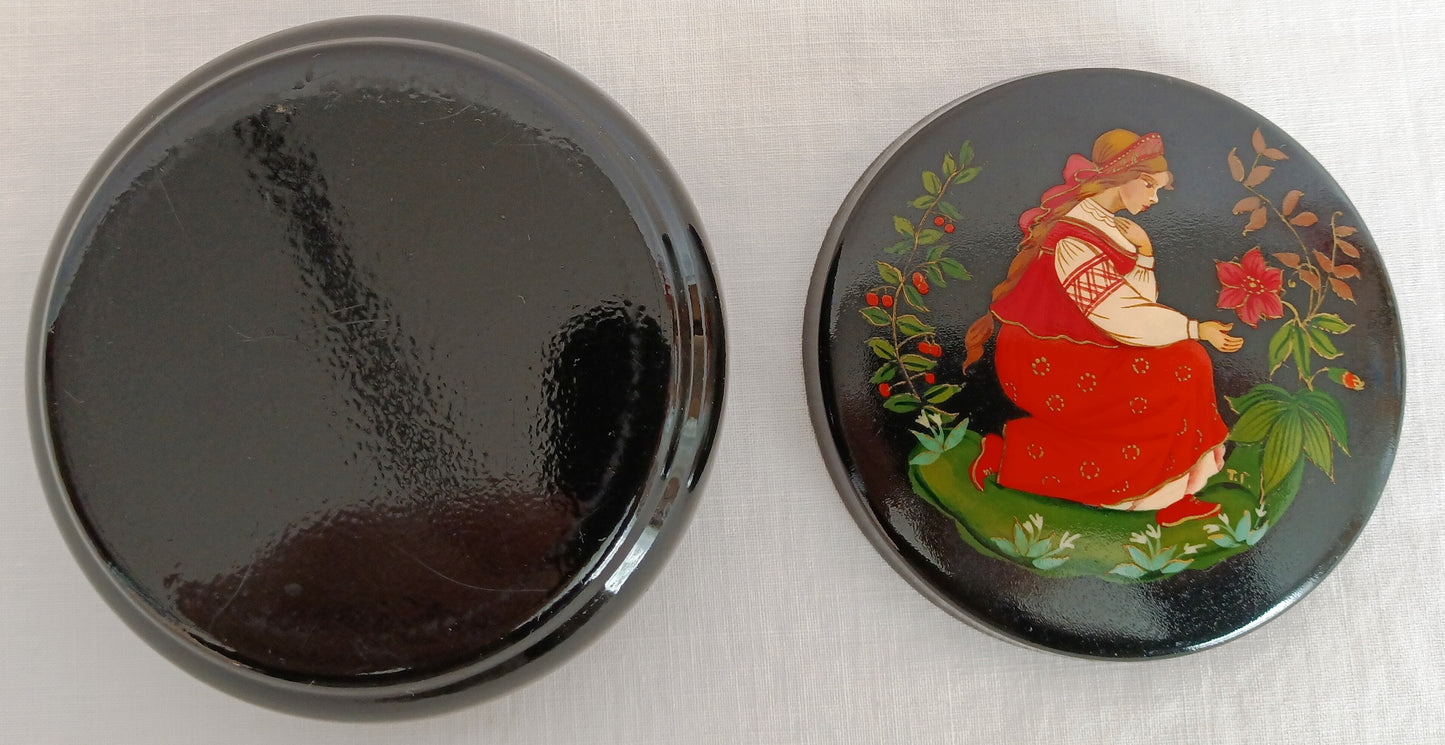 Vintage Ukrainian Lacquer Metal Trinket Pill Ring Box Hand-Painted Young Woman Fairy-Tale Folk-Art Jewelry Mini Box Scrolled Gold Trim-Signed TI