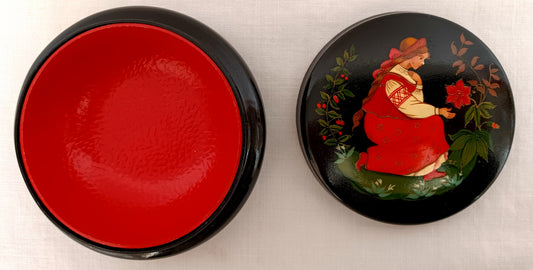 Vintage Ukrainian Lacquer Metal Trinket Pill Ring Box Hand-Painted Young Woman Fairy-Tale Folk-Art Jewelry Mini Box Scrolled Gold Trim-Signed TI