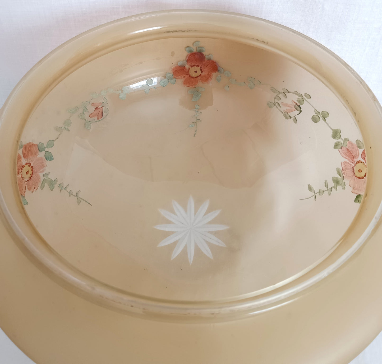 Antique Large Unique Lampshade Beige Heavy Glass Reverse Hand Painted Pink Flowers Dome Semi Flush Mount Ceiling Pendant Cover Light 10” D