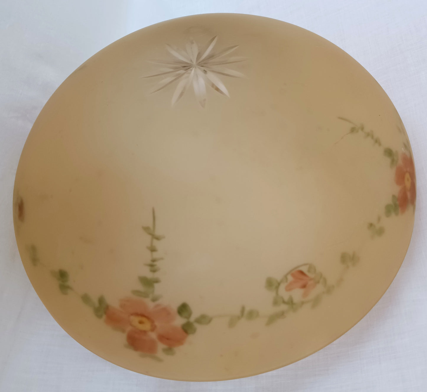 Antique Large Unique Lampshade Beige Heavy Glass Reverse Hand Painted Pink Flowers Dome Semi Flush Mount Ceiling Pendant Cover Light 10” D