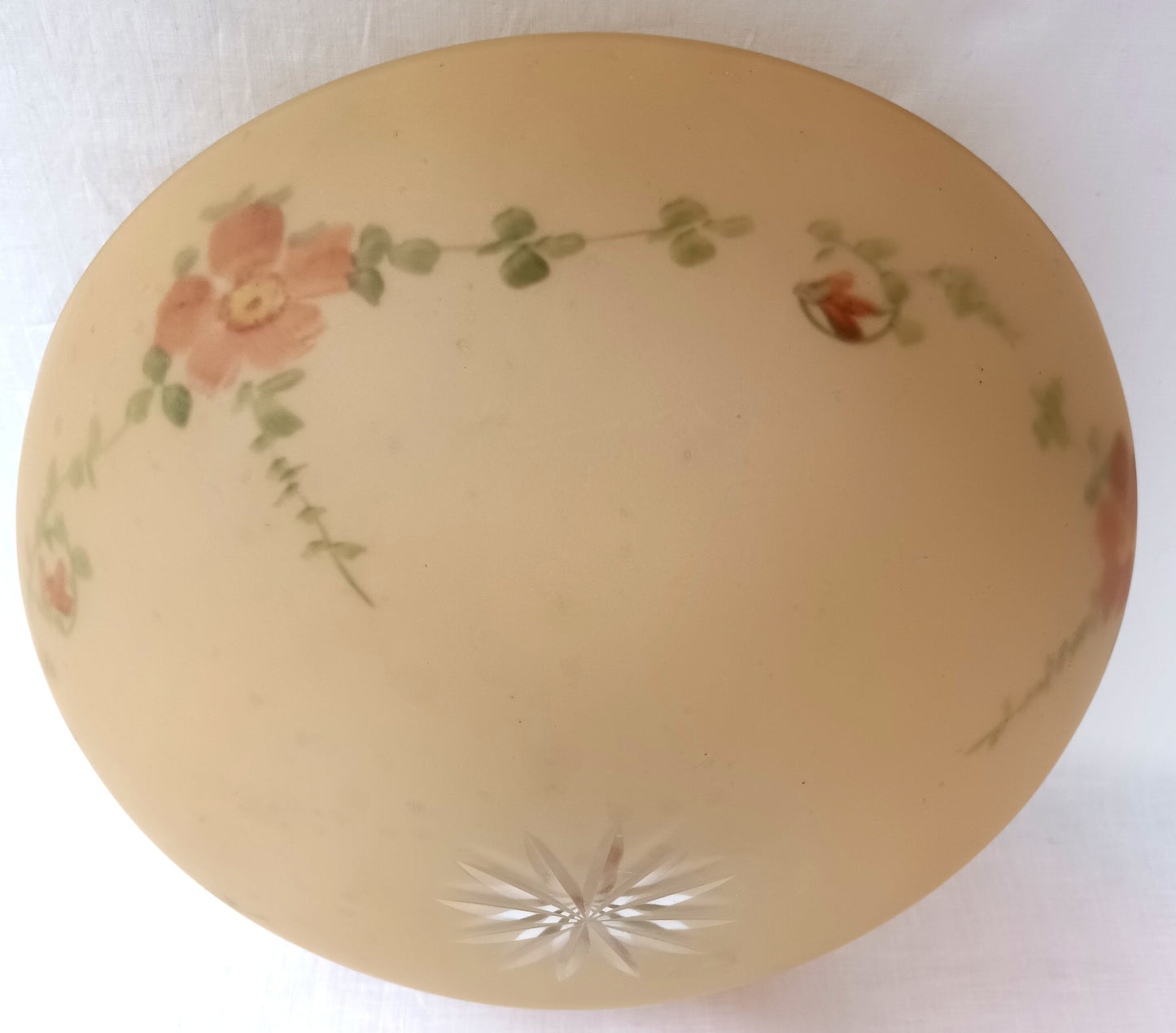 Antique Large Unique Lampshade Beige Heavy Glass Reverse Hand Painted Pink Flowers Dome Semi Flush Mount Ceiling Pendant Cover Light 10” D