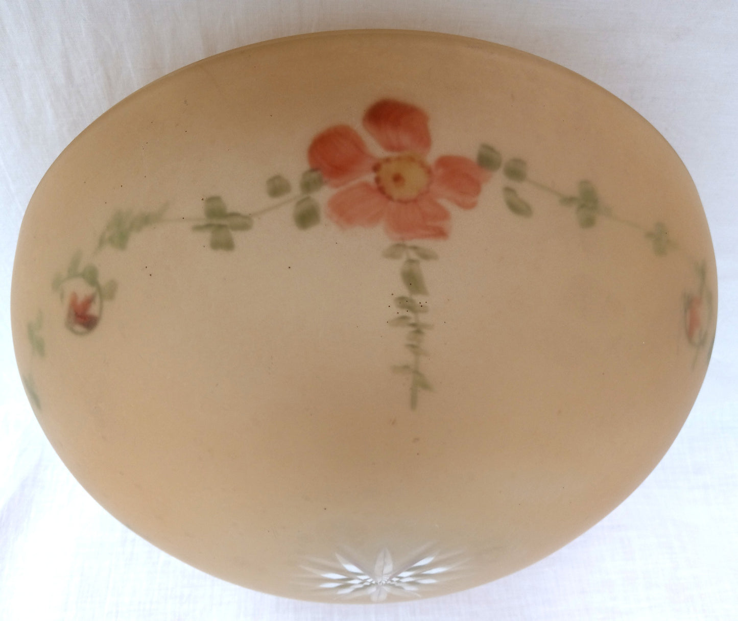 Antique Large Unique Lampshade Beige Heavy Glass Reverse Hand Painted Pink Flowers Dome Semi Flush Mount Ceiling Pendant Cover Light 10” D