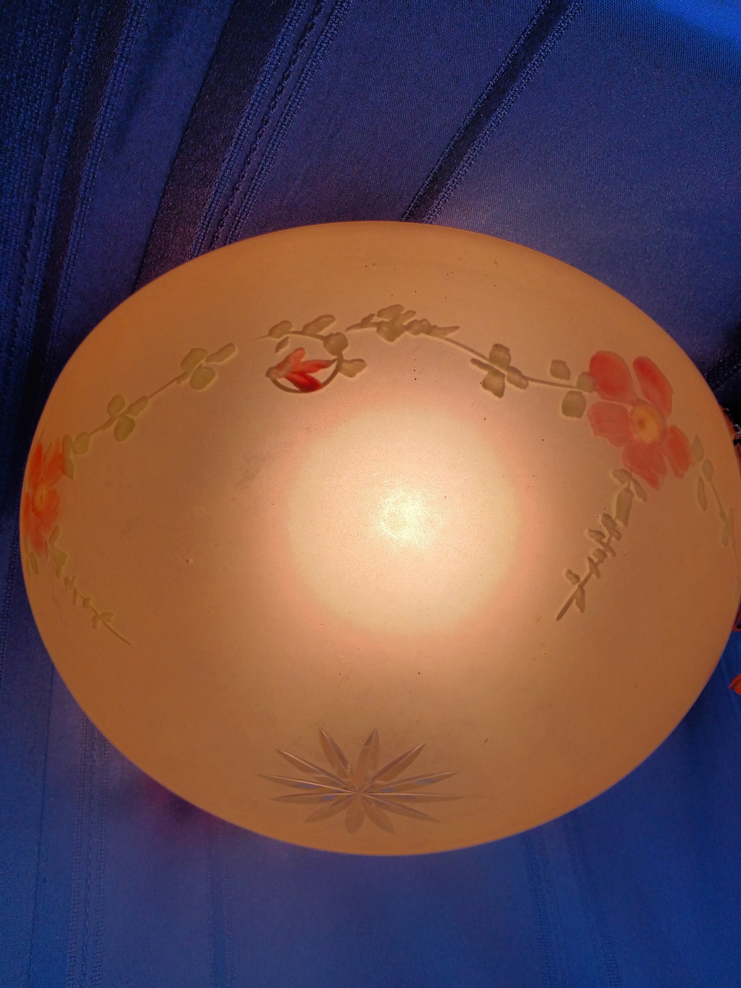 Antique Large Unique Lampshade Beige Heavy Glass Reverse Hand Painted Pink Flowers Dome Semi Flush Mount Ceiling Pendant Cover Light 10” D
