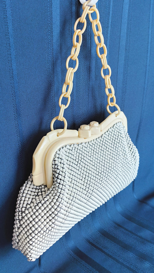 Vintage Whiting & Davis Co. Alumesh Ivory Celluloid Bag Purse Chain Link Strap/Handle Women Accessory - Made in USA
