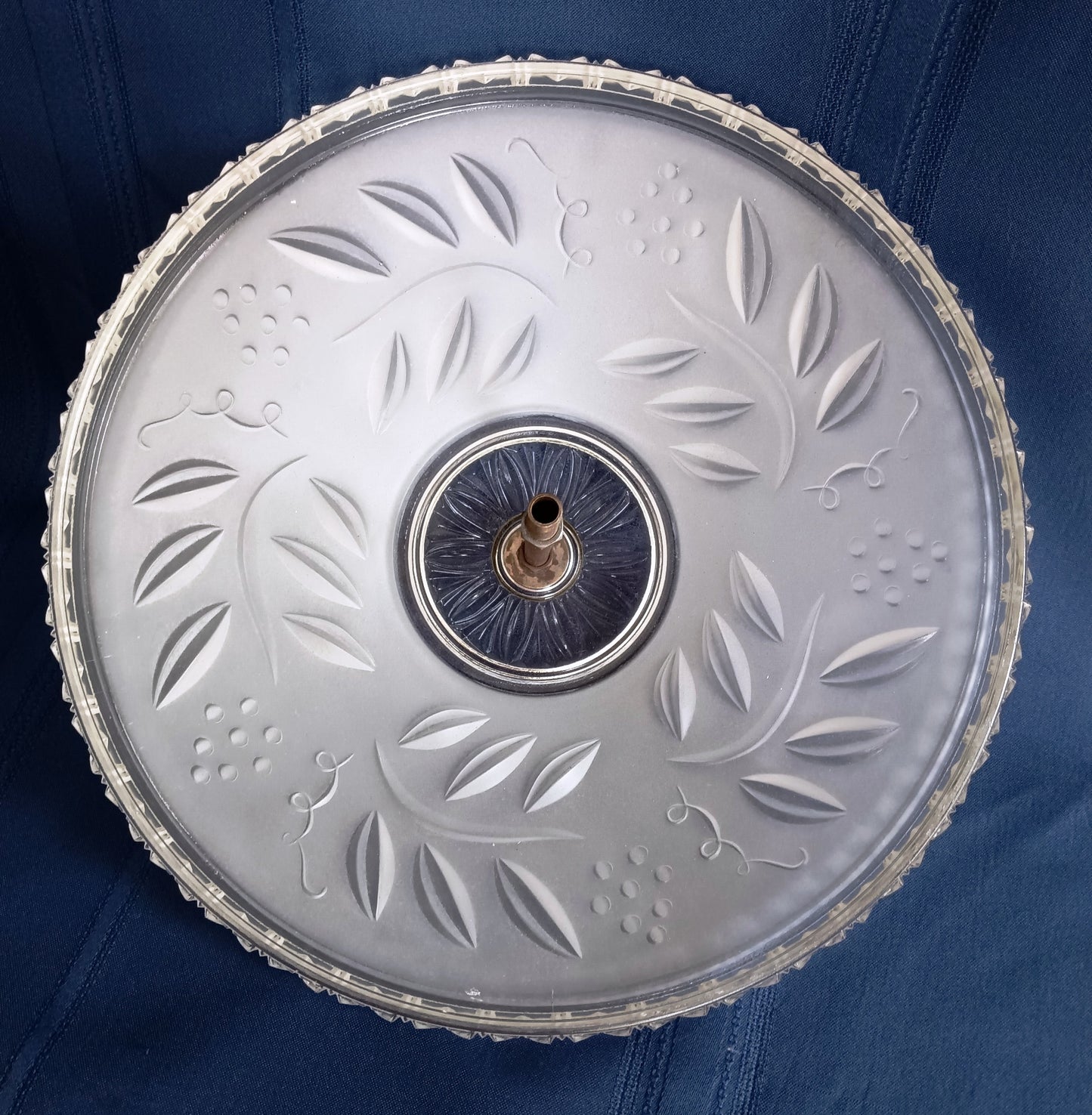 Vintage Art Deco Lampshade Heavy Frosted Clear Glass Inside Embossed Grapes Design Center Sunflower Ceiling Pendant Hanging Fixture Domed Shade Brass Finial Retro Lighting 12” D