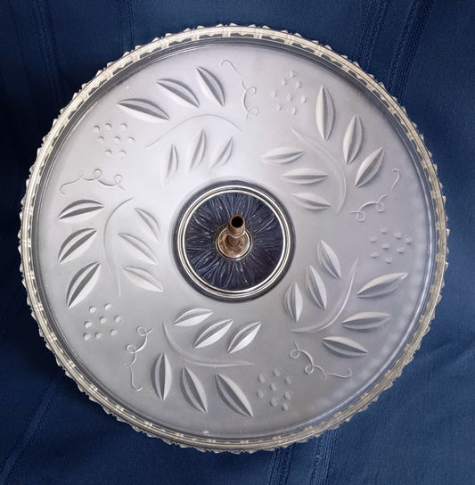 Vintage Art Deco Lampshade Heavy Frosted Clear Glass Inside Embossed Grapes Design Center Sunflower Ceiling Pendant Hanging Fixture Domed Shade Brass Finial Retro Lighting 12” D