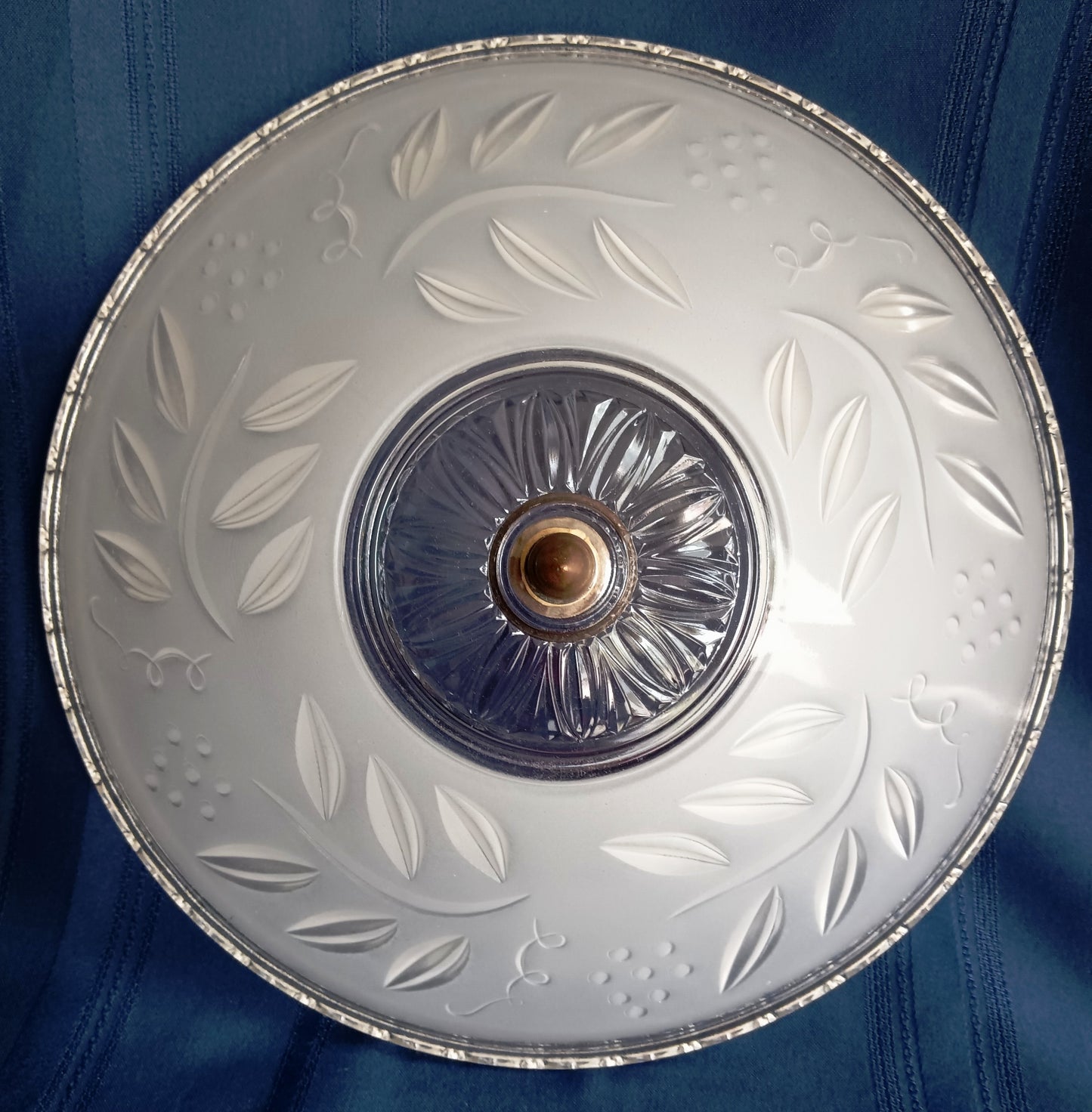 Vintage Art Deco Lampshade Heavy Frosted Clear Glass Inside Embossed Grapes Design Center Sunflower Ceiling Pendant Hanging Fixture Domed Shade Brass Finial Retro Lighting 12” D