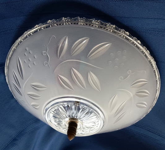 Vintage Art Deco Lampshade Heavy Frosted Clear Glass Inside Embossed Grapes Design Center Sunflower Ceiling Pendant Hanging Fixture Domed Shade Brass Finial Retro Lighting 12” D