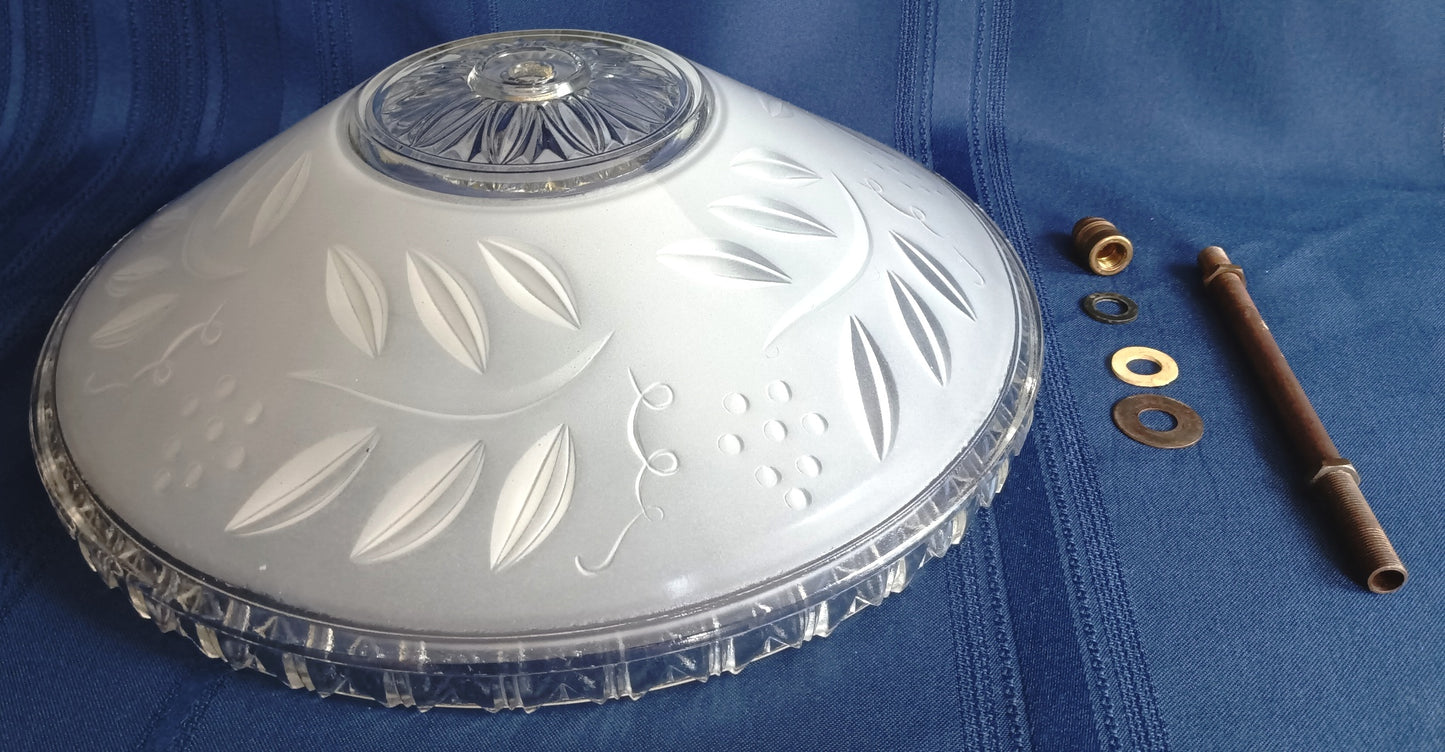 Vintage Art Deco Lampshade Heavy Frosted Clear Glass Inside Embossed Grapes Design Center Sunflower Ceiling Pendant Hanging Fixture Domed Shade Brass Finial Retro Lighting 12” D