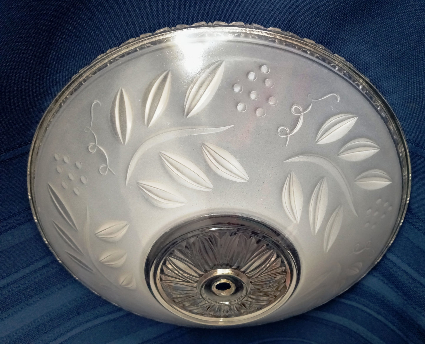 Vintage Art Deco Lampshade Heavy Frosted Clear Glass Inside Embossed Grapes Design Center Sunflower Ceiling Pendant Hanging Fixture Domed Shade Brass Finial Retro Lighting 12” D