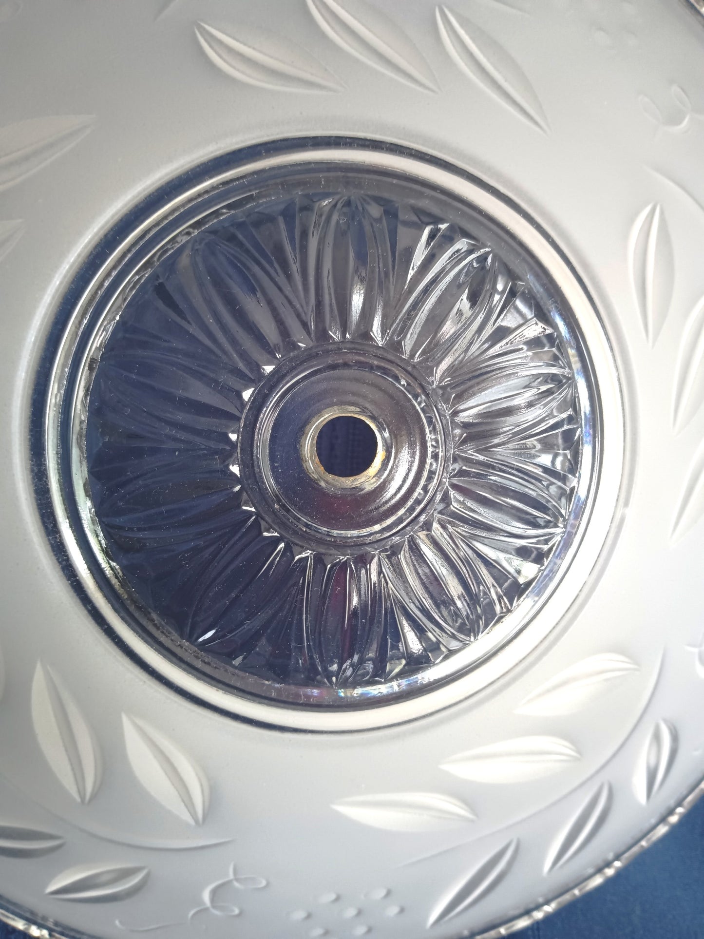 Vintage Art Deco Lampshade Heavy Frosted Clear Glass Inside Embossed Grapes Design Center Sunflower Ceiling Pendant Hanging Fixture Domed Shade Brass Finial Retro Lighting 12” D