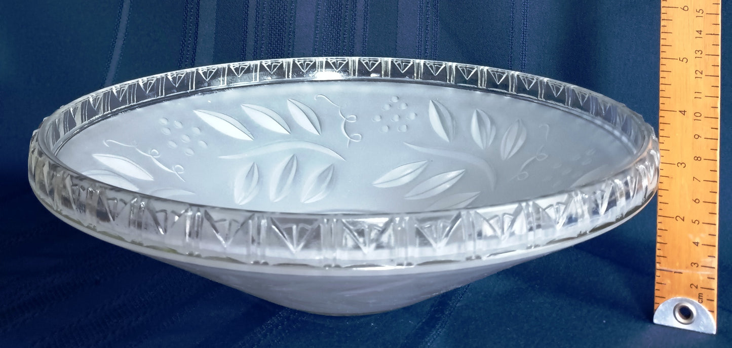 Vintage Art Deco Lampshade Heavy Frosted Clear Glass Inside Embossed Grapes Design Center Sunflower Ceiling Pendant Hanging Fixture Domed Shade Brass Finial Retro Lighting 12” D