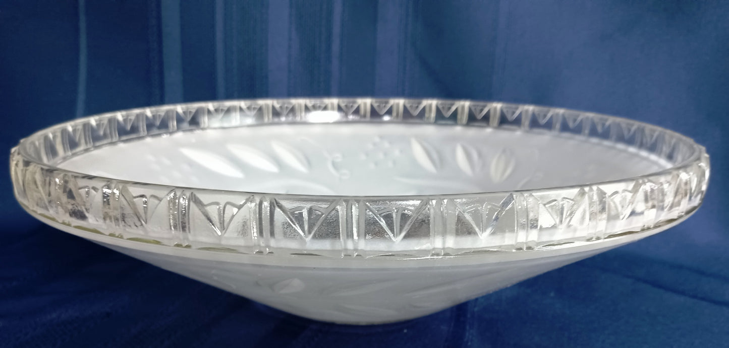 Vintage Art Deco Lampshade Heavy Frosted Clear Glass Inside Embossed Grapes Design Center Sunflower Ceiling Pendant Hanging Fixture Domed Shade Brass Finial Retro Lighting 12” D