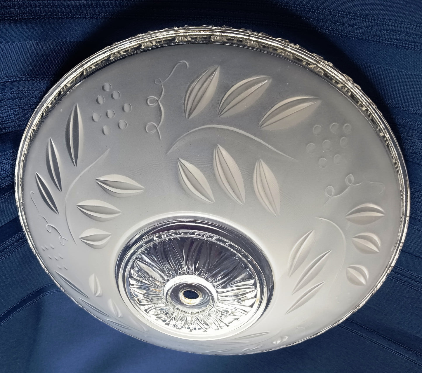 Vintage Art Deco Lampshade Heavy Frosted Clear Glass Inside Embossed Grapes Design Center Sunflower Ceiling Pendant Hanging Fixture Domed Shade Brass Finial Retro Lighting 12” D