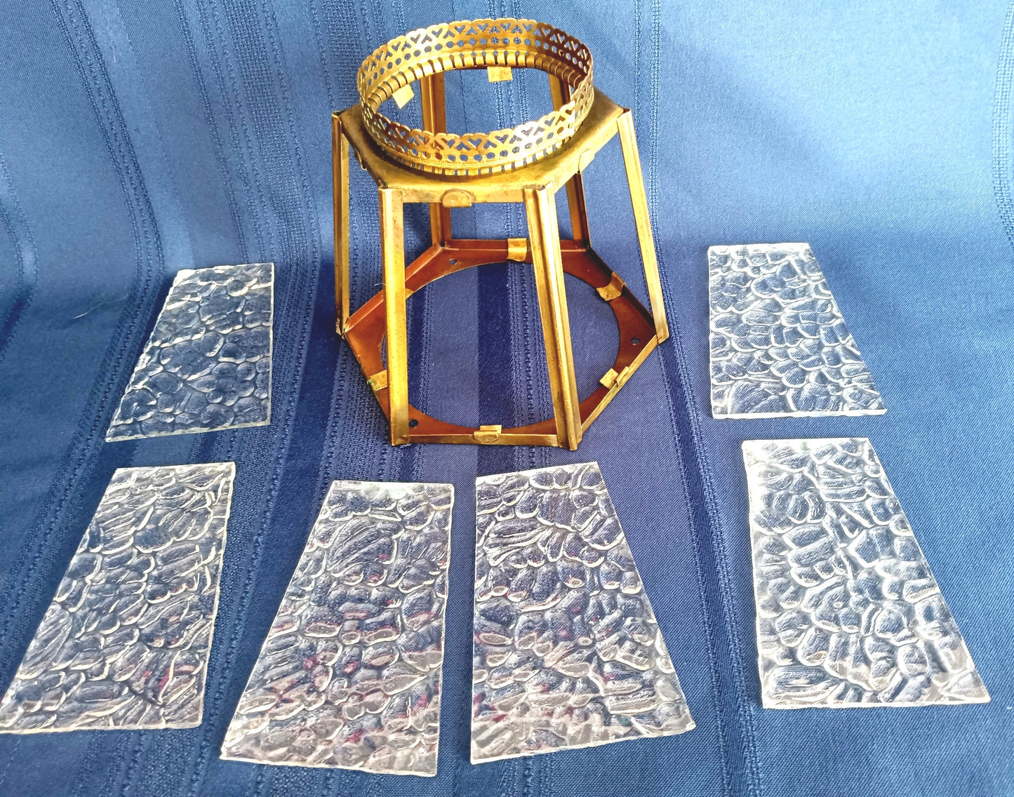 Vintage Brass Glass Lampshade Hexagonal Textured Pebbled Glass Heart Design Brass Banding Top Replacement Globe Ceiling Fan Sconce