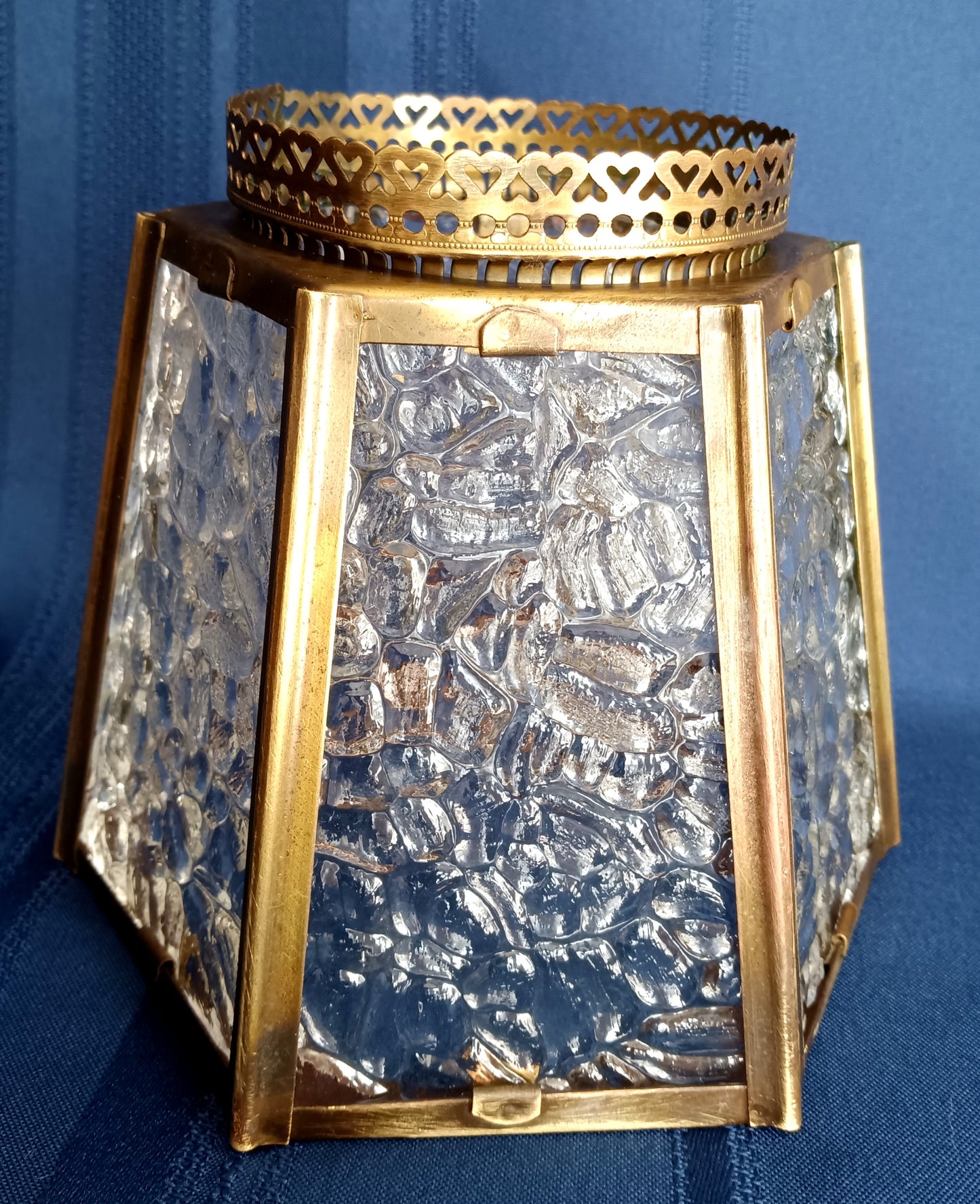 Vintage Brass Glass Lampshade Hexagonal Textured Pebbled Glass Heart Design Brass Banding Top Replacement Globe Ceiling Fan Sconce