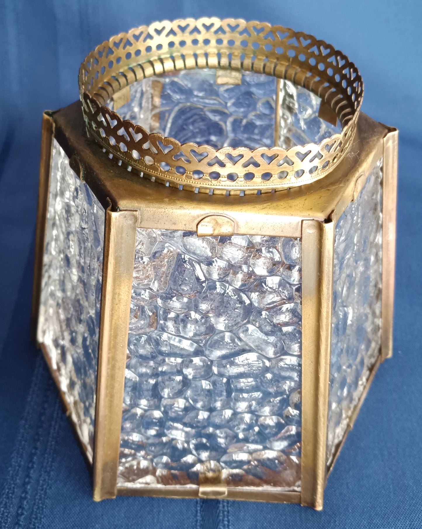 Vintage Brass Glass Lampshade Hexagonal Textured Pebbled Glass Heart Design Brass Banding Top Replacement Globe Ceiling Fan Sconce