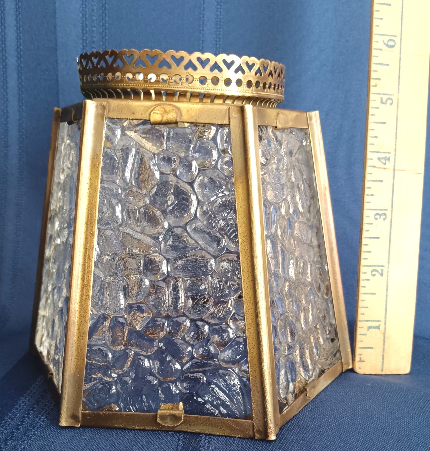 Vintage Brass Glass Lampshade Hexagonal Textured Pebbled Glass Heart Design Brass Banding Top Replacement Globe Ceiling Fan Sconce