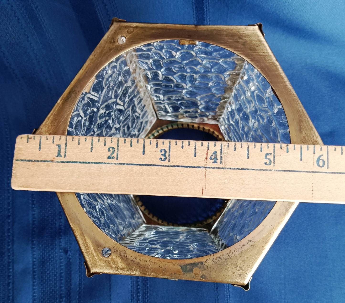 Vintage Brass Glass Lampshade Hexagonal Textured Pebbled Glass Heart Design Brass Banding Top Replacement Globe Ceiling Fan Sconce