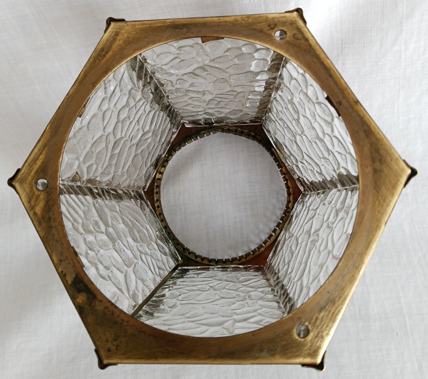 Vintage Brass Glass Lampshade Hexagonal Textured Pebbled Glass Heart Design Brass Banding Top Replacement Globe Ceiling Fan Sconce