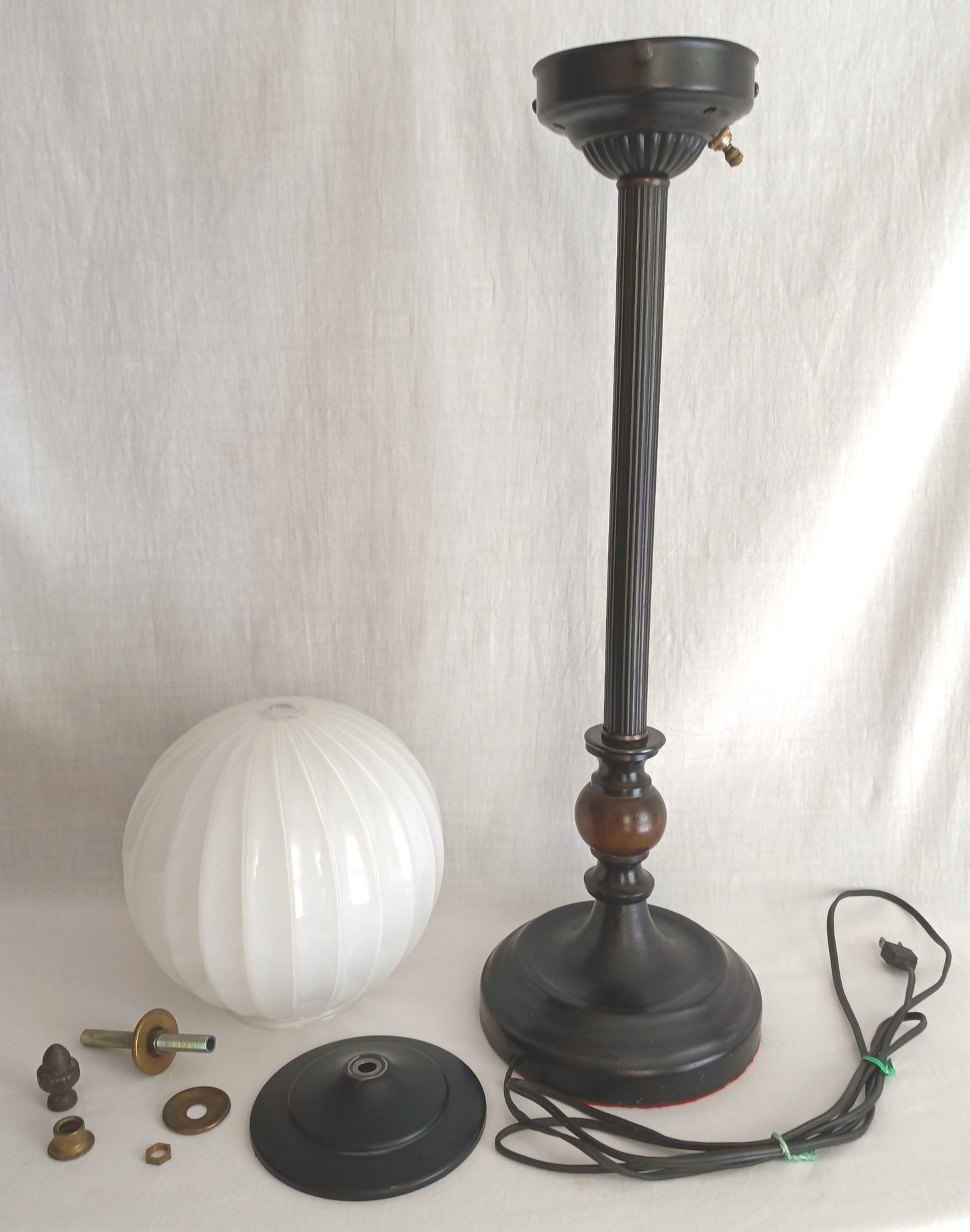 Mid-Century Modern Buffet Desk Lamp Metal Painted Black Column Milk Glass Mellow Shape Shade Wood Accent Acorn Brass Finial Tall Lamp 31” H