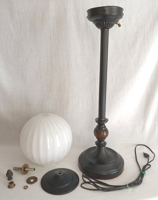 Mid-Century Modern Buffet Desk Lamp Metal Painted Black Column Milk Glass Mellow Shape Shade Wood Accent Acorn Brass Finial Tall Lamp 31” H