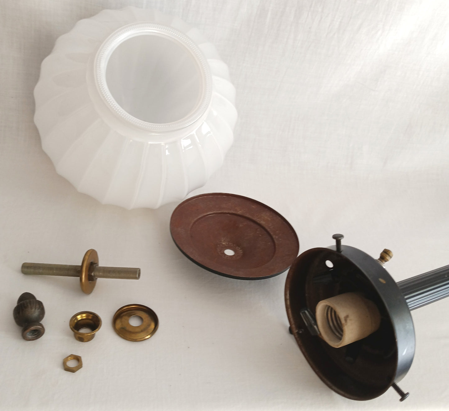 Mid-Century Modern Buffet Desk Lamp Metal Painted Black Column Milk Glass Mellow Shape Shade Wood Accent Acorn Brass Finial Tall Lamp 31” H