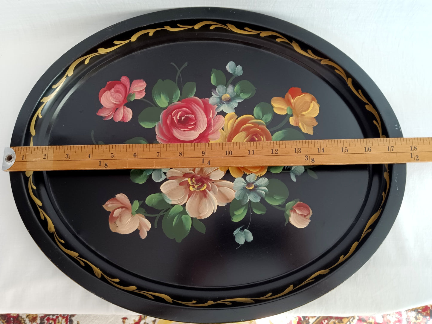 Victorian Style Hand Painted Metal Large Serving Tray Oval Black Flowers Gold Accent Toleware Decorative Tray Shabby-Chic Decor - Vintage