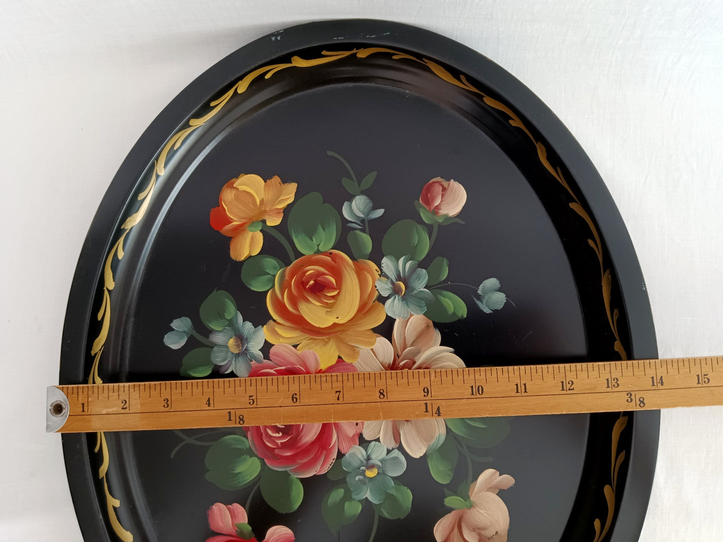 Victorian Style Hand Painted Metal Large Serving Tray Oval Black Flowers Gold Accent Toleware Decorative Tray Shabby-Chic Decor - Vintage