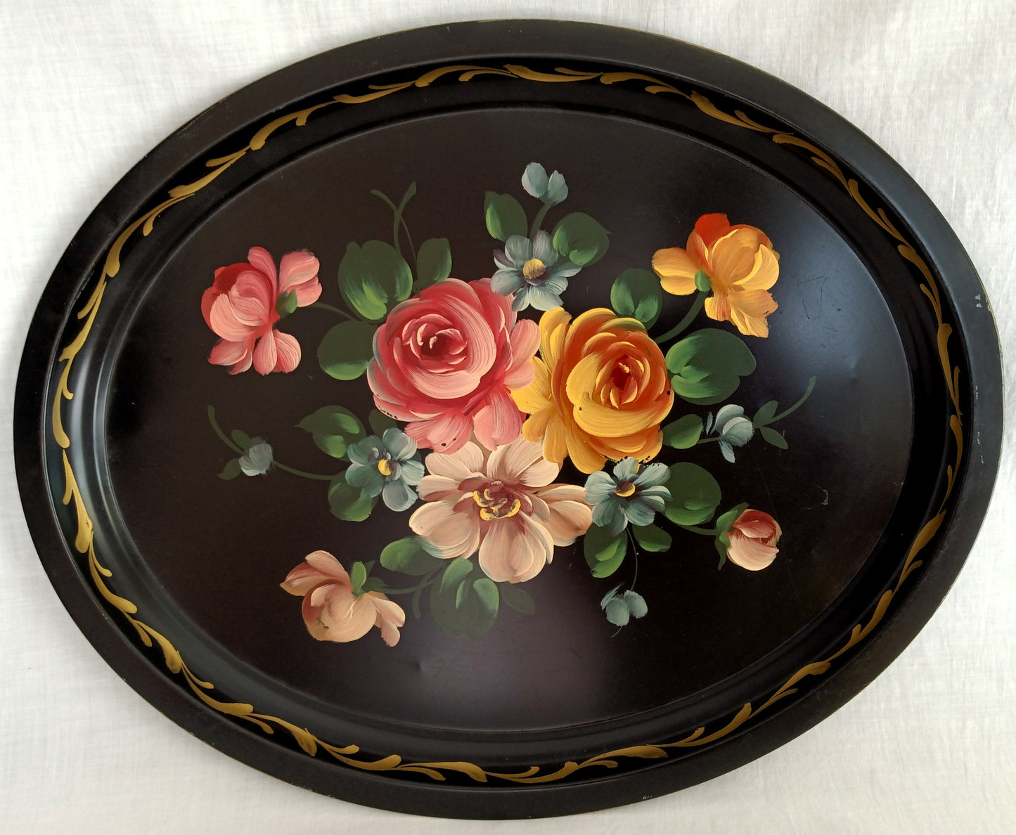 Victorian Style Hand Painted Metal Large Serving Tray Oval Black Flowers Gold Accent Toleware Decorative Tray Shabby-Chic Decor - Vintage