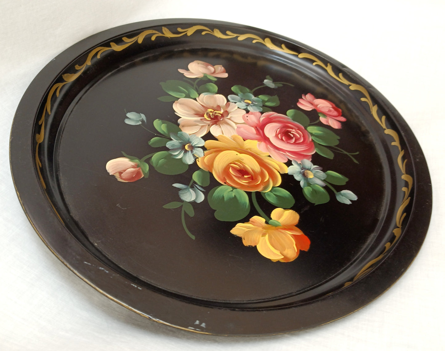 Victorian Style Hand Painted Metal Large Serving Tray Oval Black Flowers Gold Accent Toleware Decorative Tray Shabby-Chic Decor - Vintage